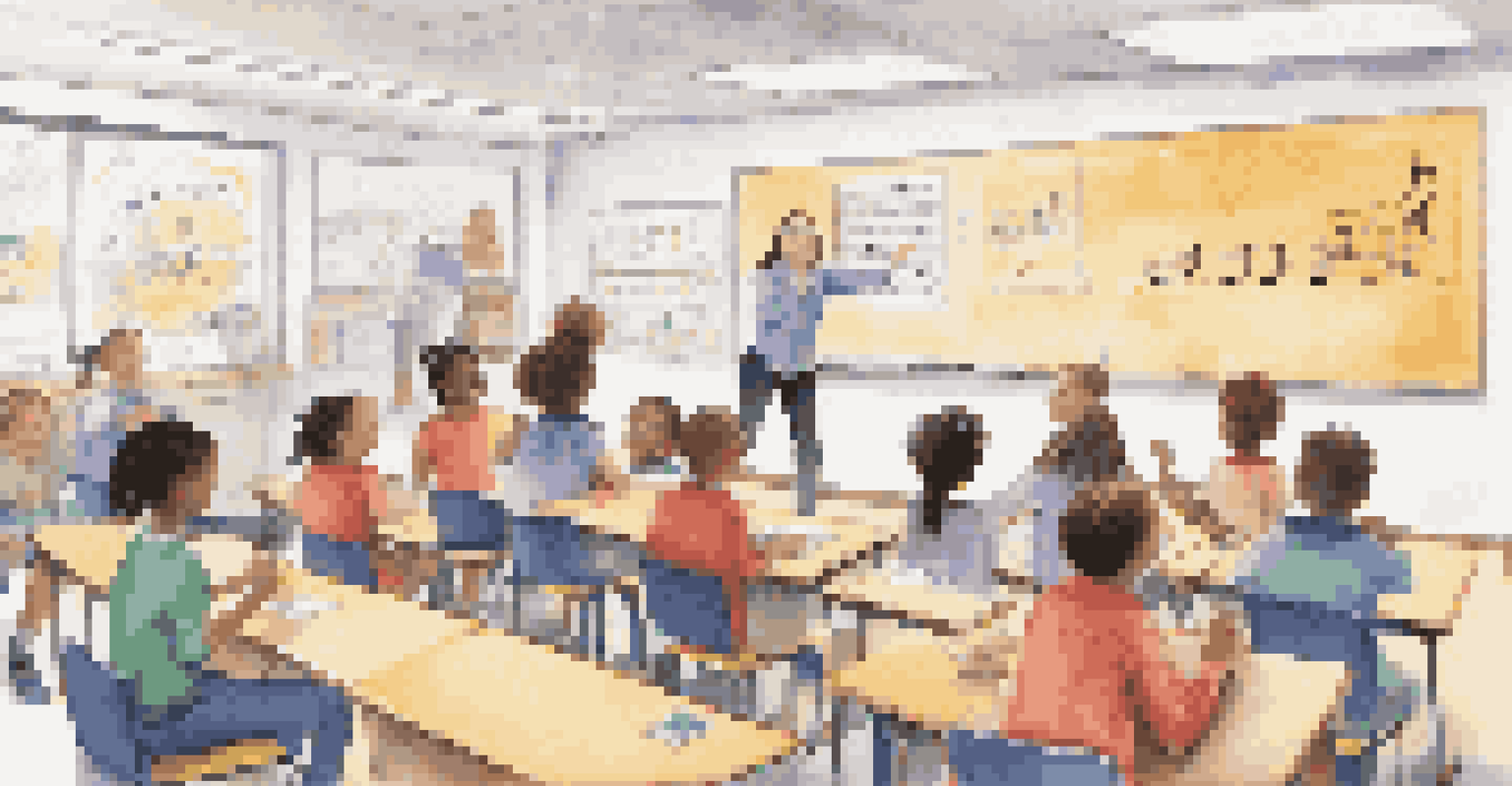 A vibrant classroom with a teacher using music for teaching, students engaged and taking notes, and musical elements displayed on the whiteboard.