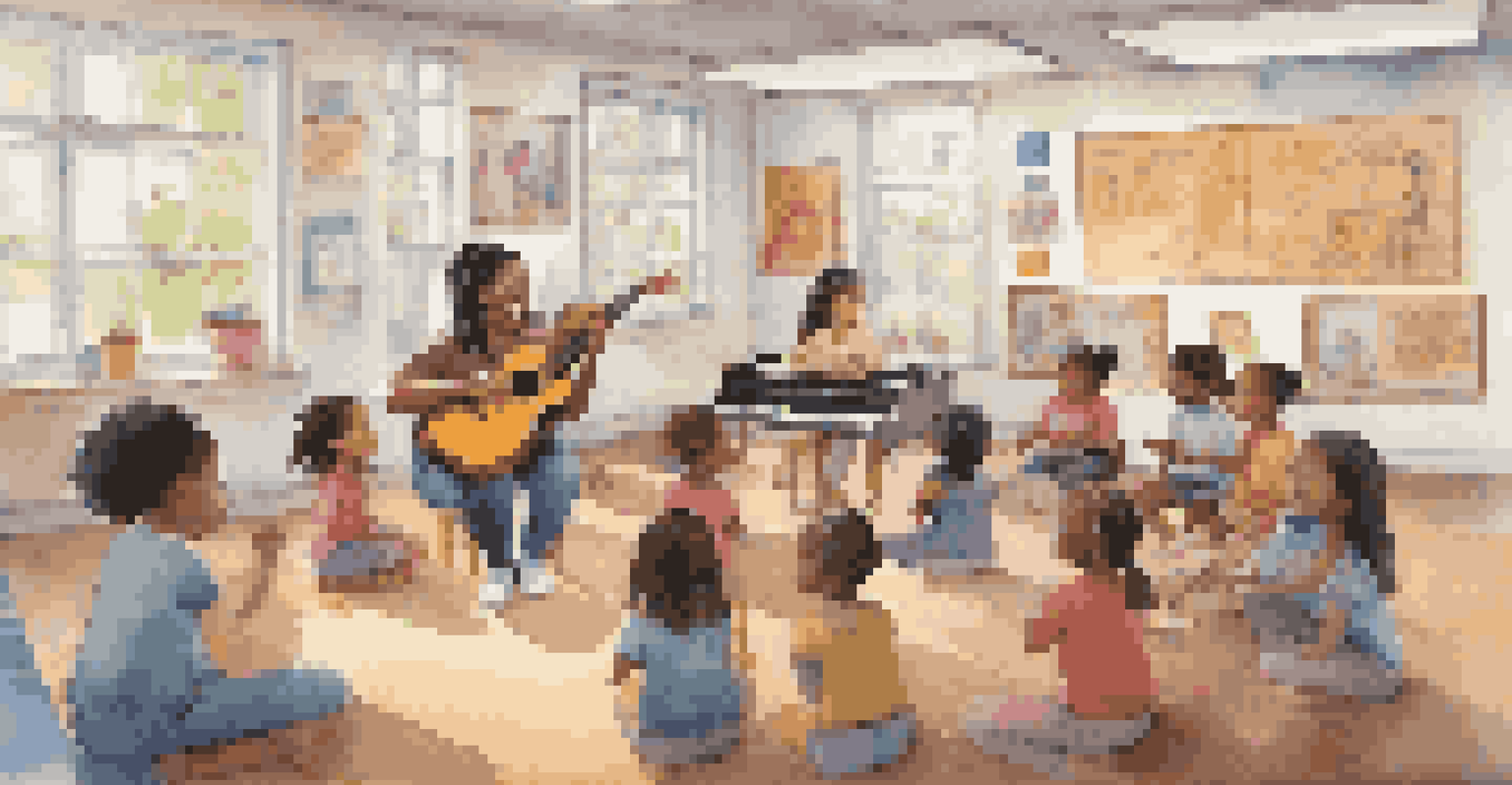 A music education classroom with diverse children collaborating on a song, filled with instruments and a supportive teacher.