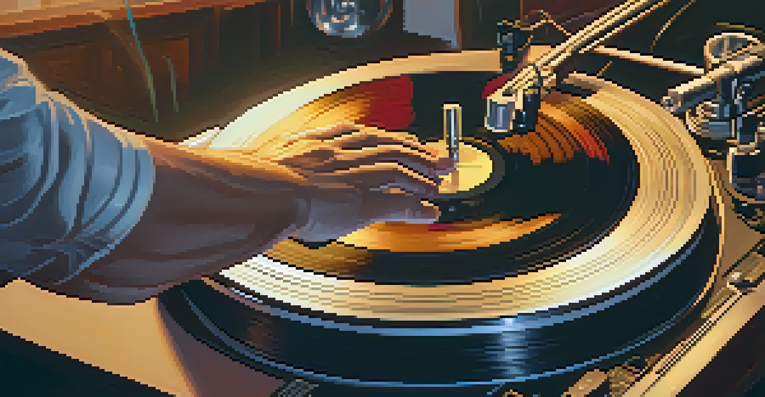 A DJ's hands playing vinyl records on a turntable in a cozy studio setting.