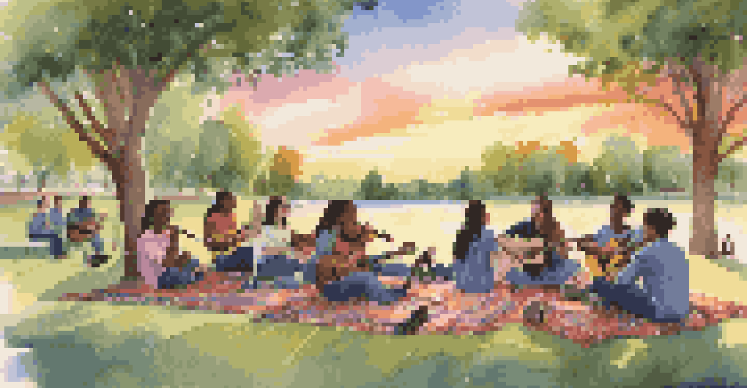 Teenagers enjoying an outdoor music therapy session in a park during sunset, playing instruments and singing together.