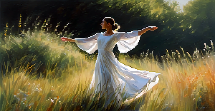 A dancer performing in a field of tall grass and wildflowers, with sunlight filtering through the leaves, creating a peaceful atmosphere.