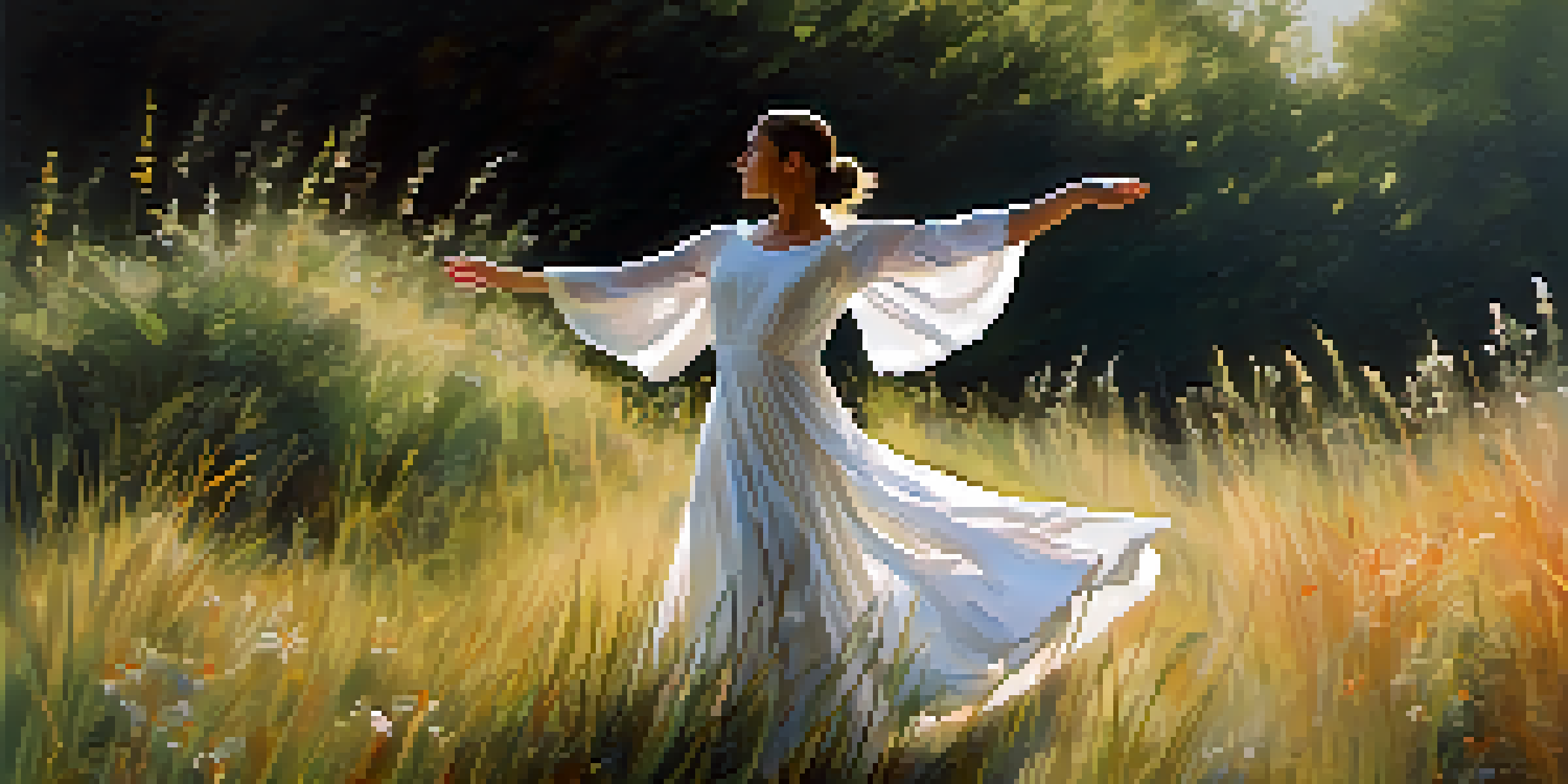 A dancer performing in a field of tall grass and wildflowers, with sunlight filtering through the leaves, creating a peaceful atmosphere.