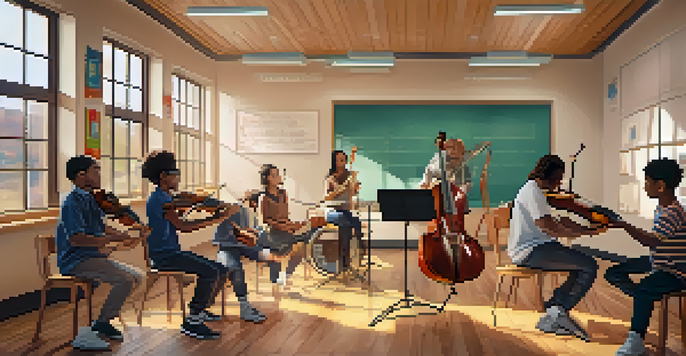A colorful classroom with diverse students actively learning music using AI tools, surrounded by musical instruments and large screens displaying lesson plans.