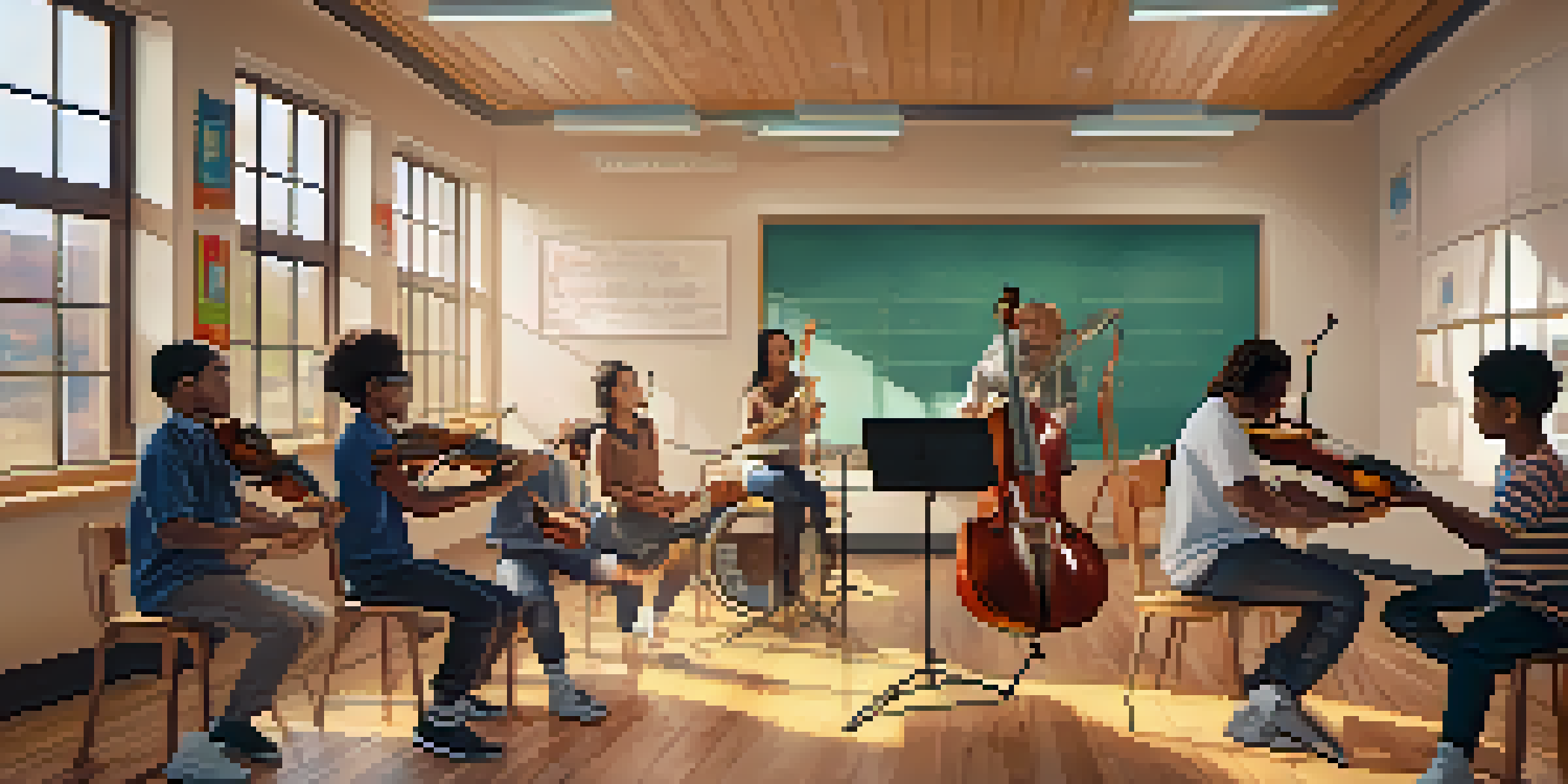 A colorful classroom with diverse students actively learning music using AI tools, surrounded by musical instruments and large screens displaying lesson plans.
