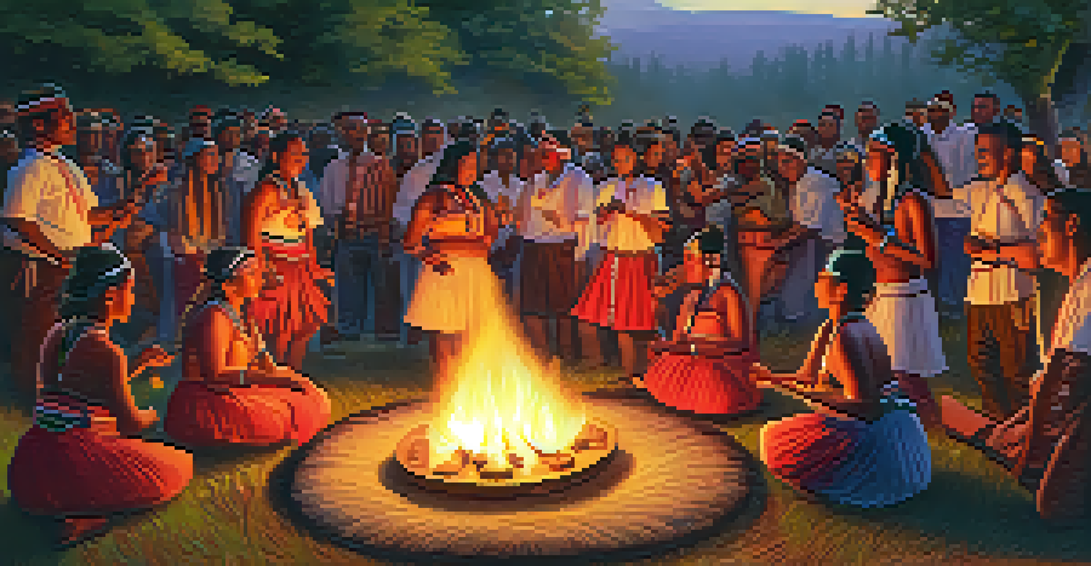 Indigenous musicians performing traditional healing music around a fire during a cultural celebration at dusk.