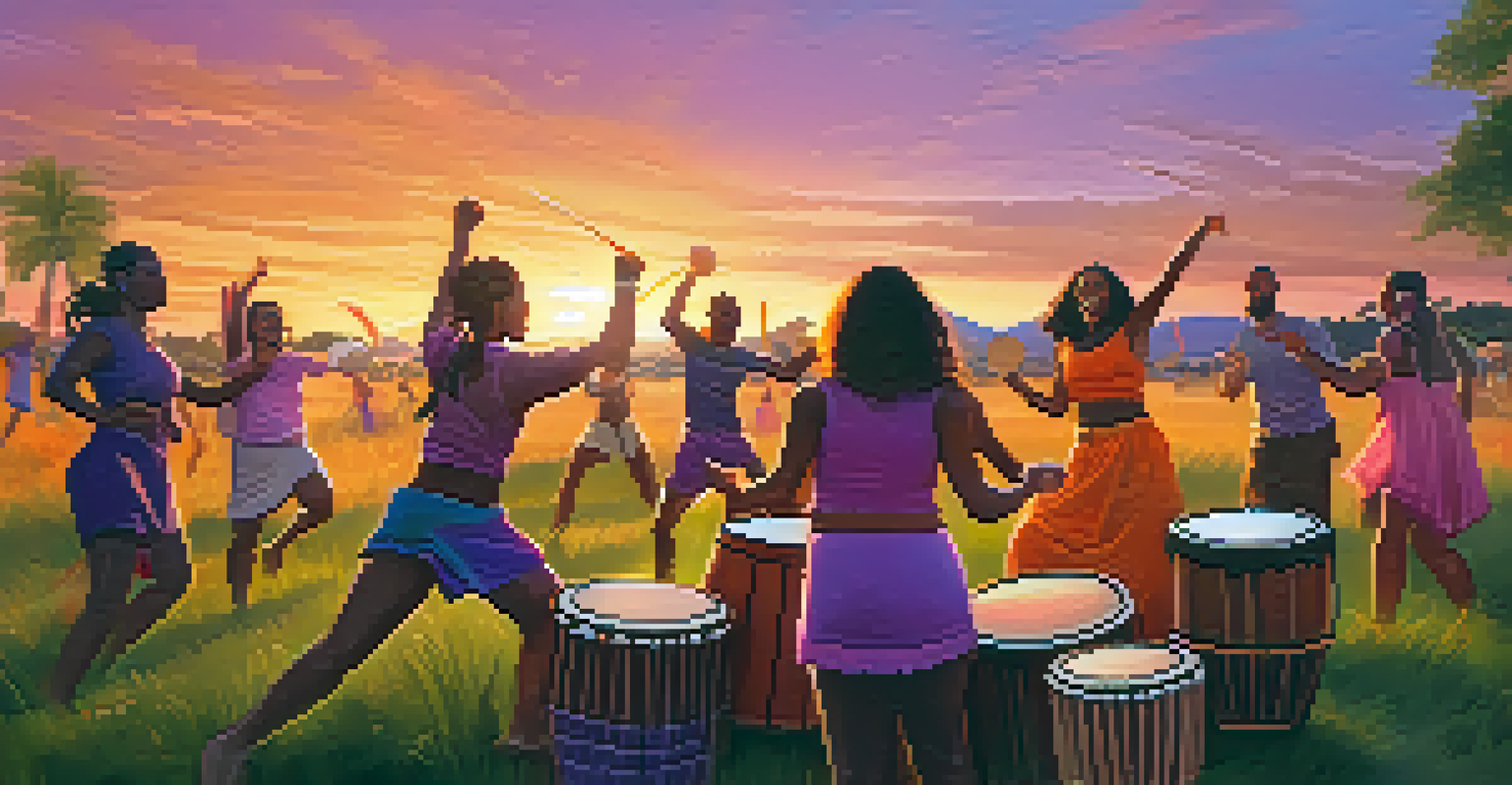 A lively drum circle at sunset with people playing drums and dancing in a vibrant outdoor setting.