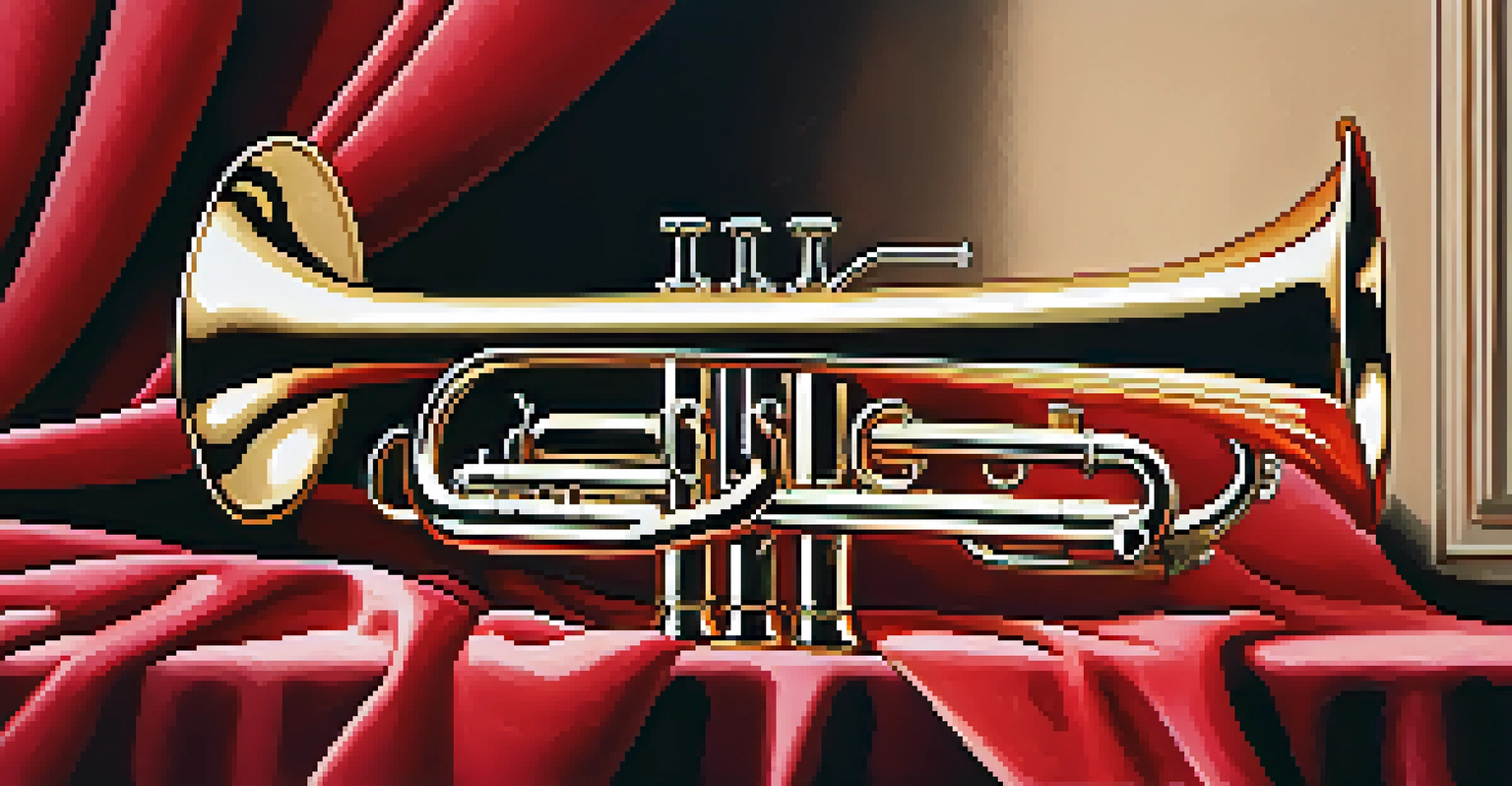 A brass trumpet on a velvet cloth, illuminated by soft, diffused lighting.