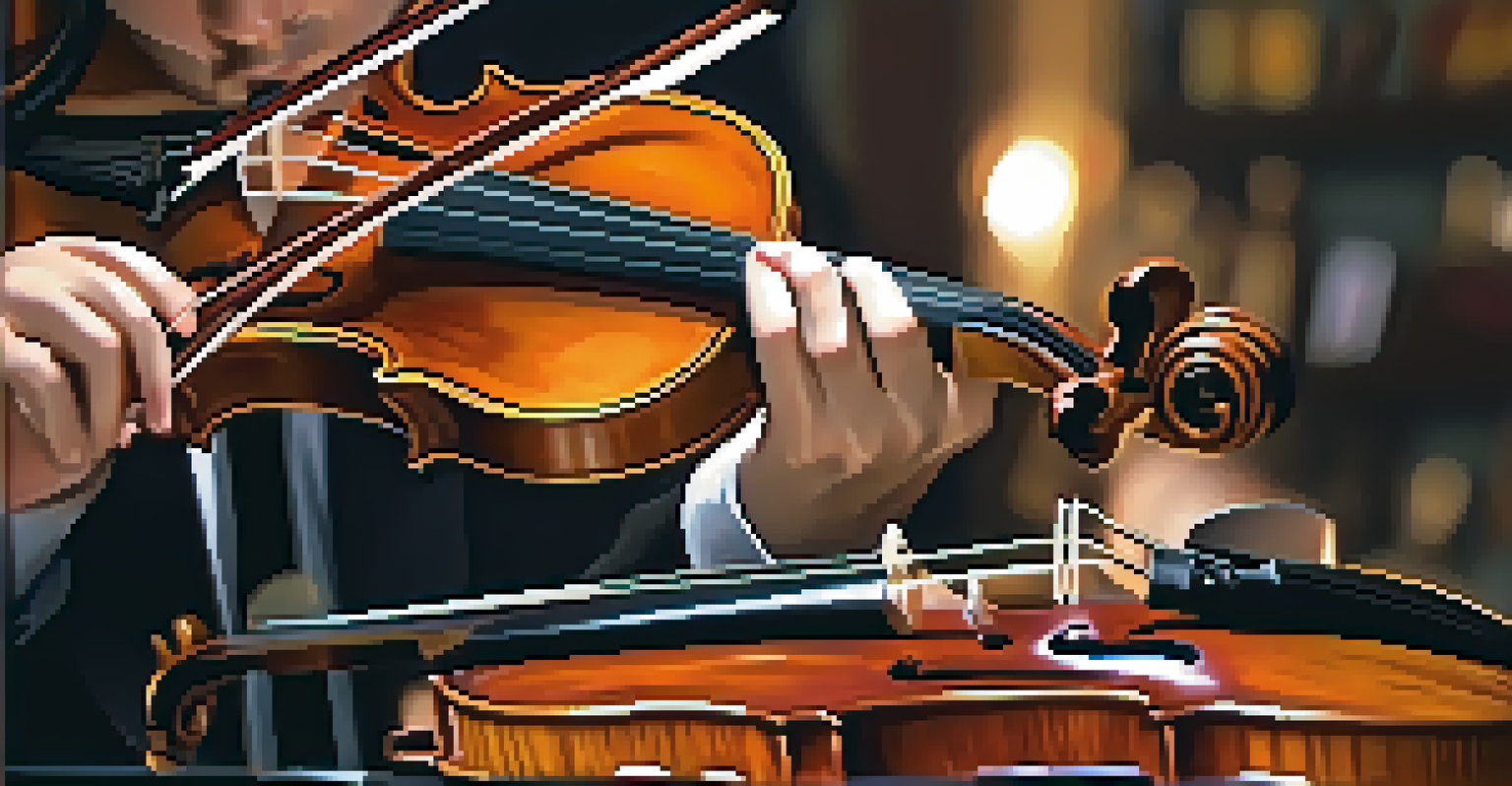 A close-up of a composer playing a violin, with orchestral instruments softly blurred in the background.