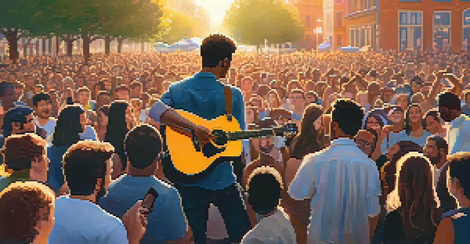 A musician on stage playing guitar at a protest, with an engaged audience in golden hour lighting.