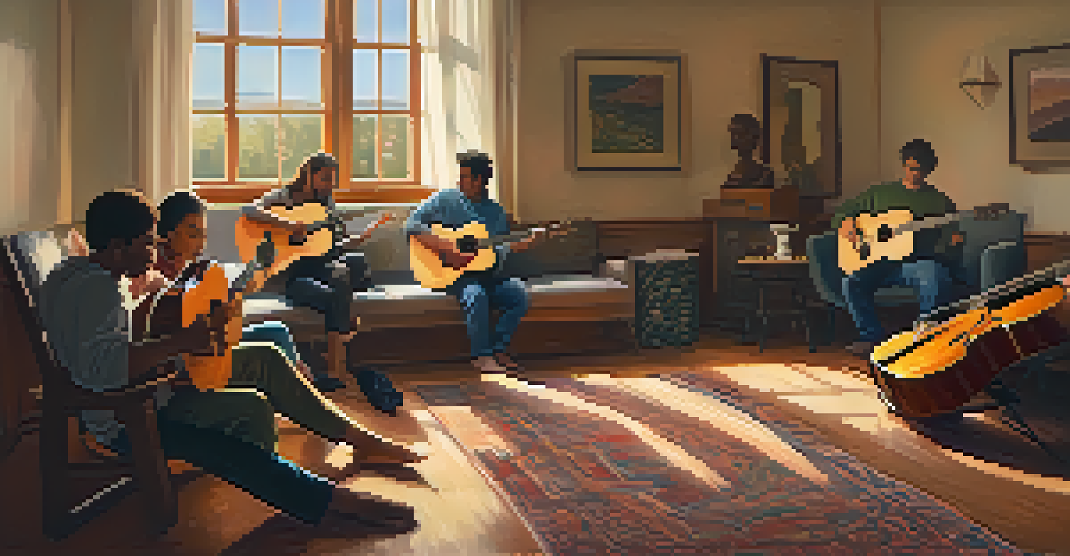 A small group engaged in a music therapy session in a cozy indoor space, highlighting emotional healing and connection.