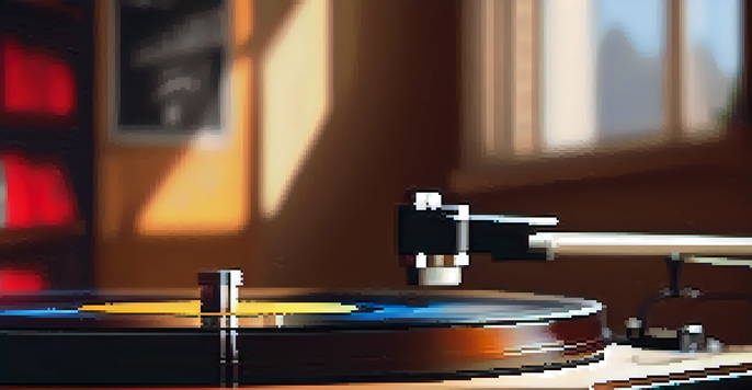 A vinyl record on a turntable in a cozy room with musical instruments and vinyl records in the background, illuminated by soft lighting.