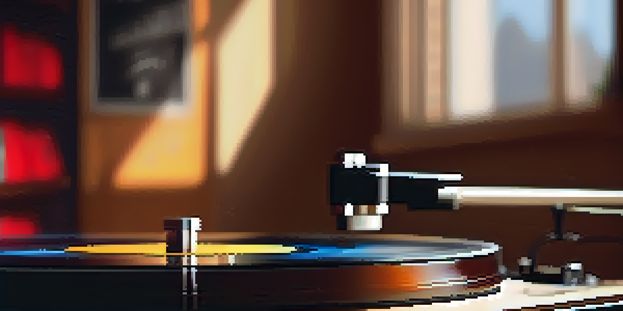 A vinyl record on a turntable in a cozy room with musical instruments and vinyl records in the background, illuminated by soft lighting.