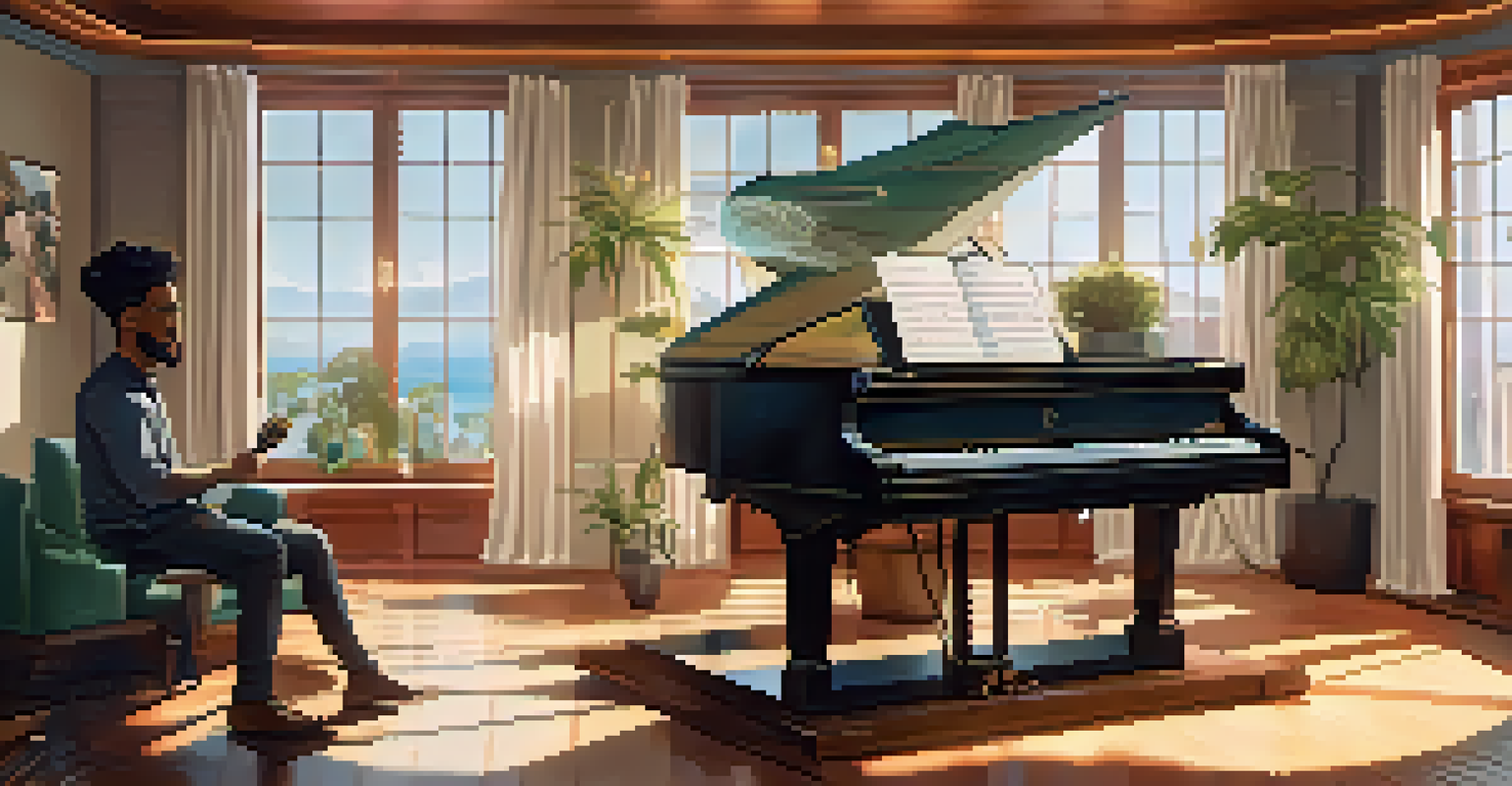 A musician conducting a virtual Q&A session in a well-lit room, smiling at the camera with fan comments on a screen behind them.