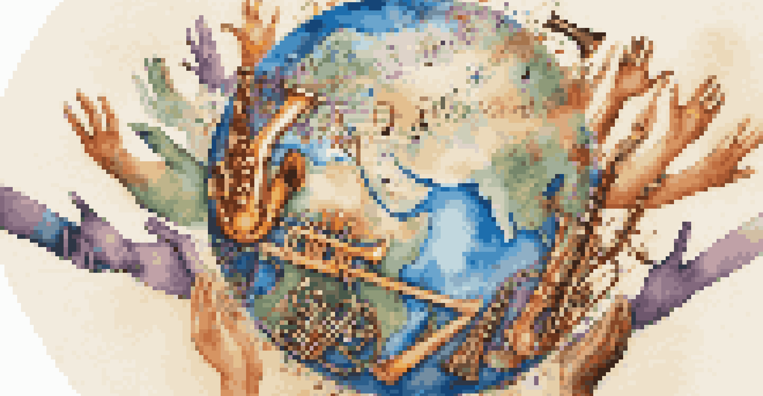 A globe made of musical notes and instruments with diverse hands reaching out, symbolizing global unity and human rights through music.