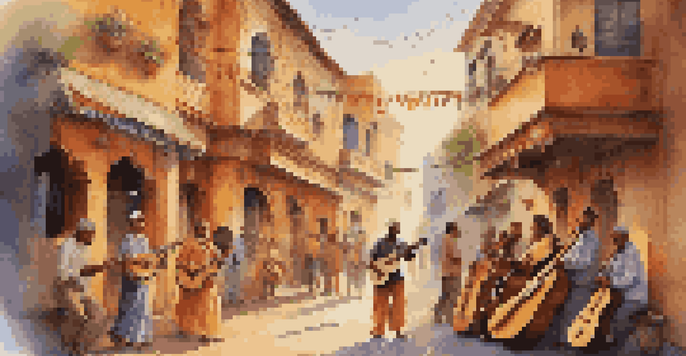 A lively street scene with musicians from different cultures performing together, surrounded by colorful decorations and warm sunlight.