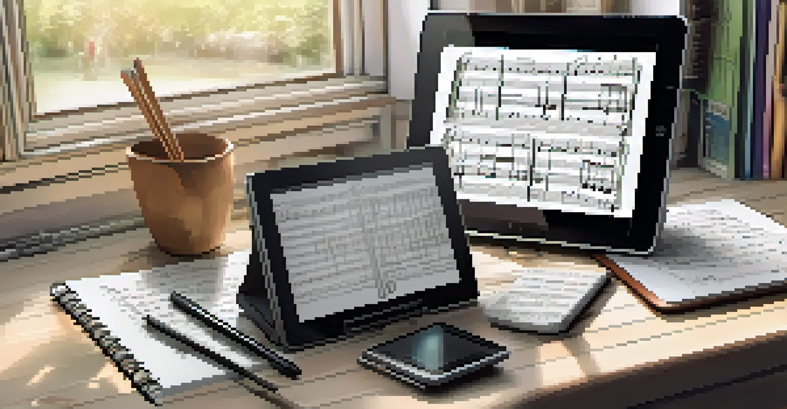 An open music notebook with notes and sketches next to a digital tablet showing music composition, illuminated by soft natural light.