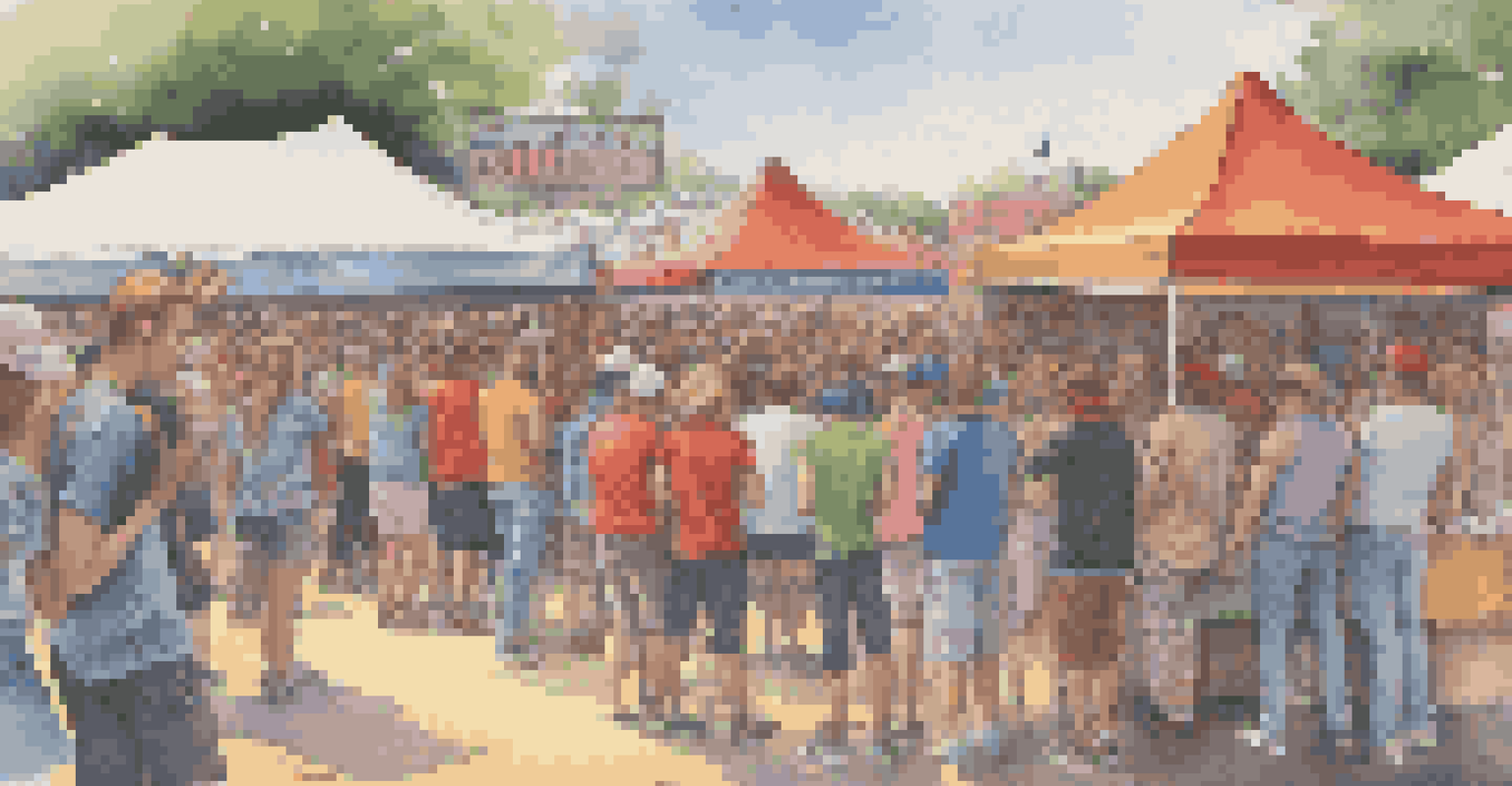 An artist's merchandise booth at a music festival with colorful items for sale and fans browsing, set against the backdrop of the festival stage.