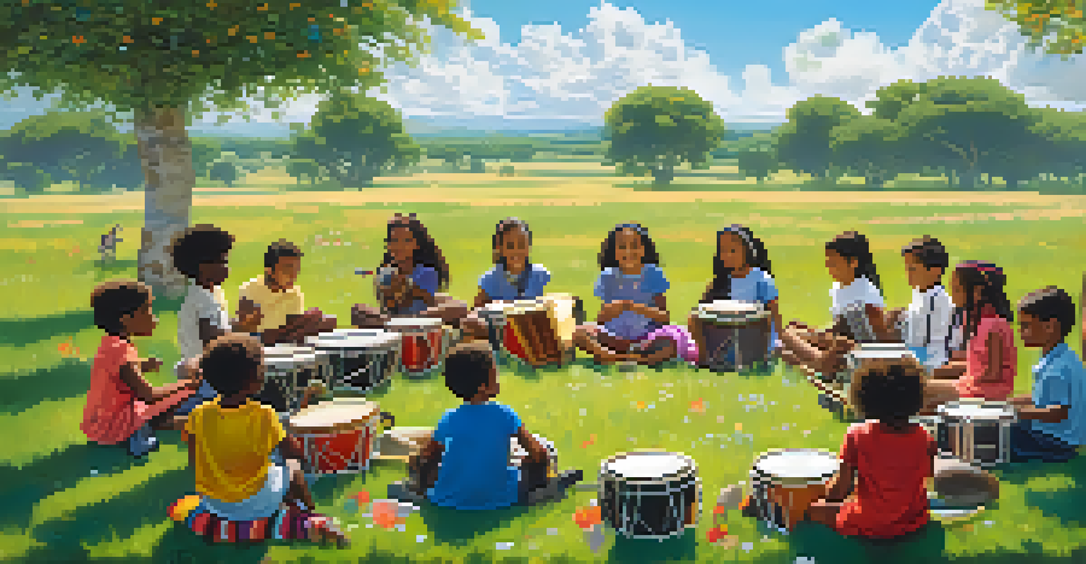 A group of diverse children playing musical instruments in a circle on a grassy field under a bright blue sky.