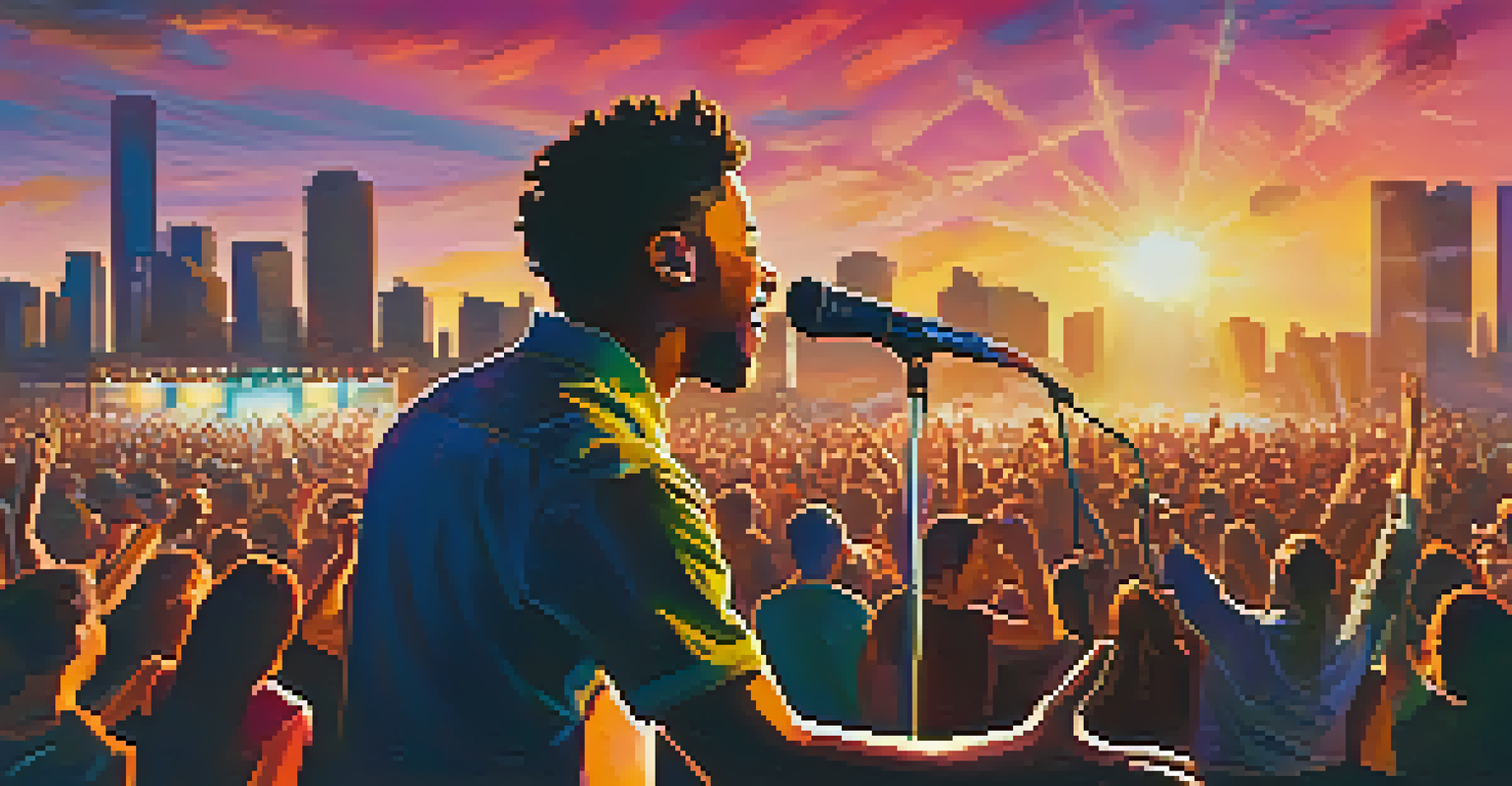 An outdoor concert with a diverse crowd enjoying a live performance by an artist on stage with a city skyline at sunset.