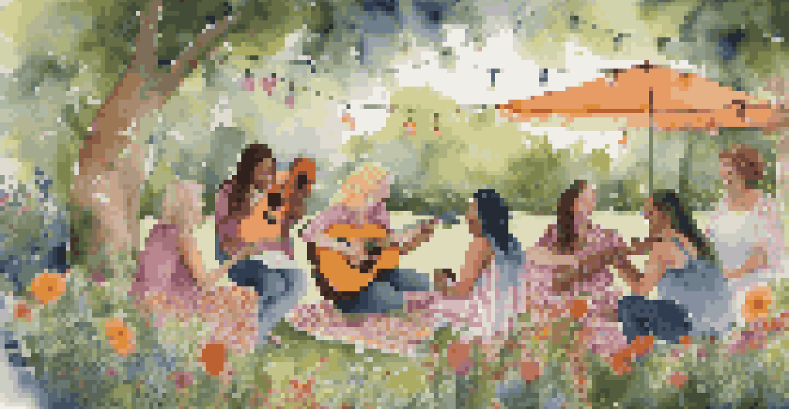 A group of women musicians in a garden sharing stories and playing music together, surrounded by flowers and fairy lights.