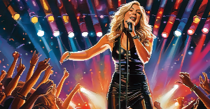 A female metal vocalist performing on stage with a dynamic crowd and colorful lighting.