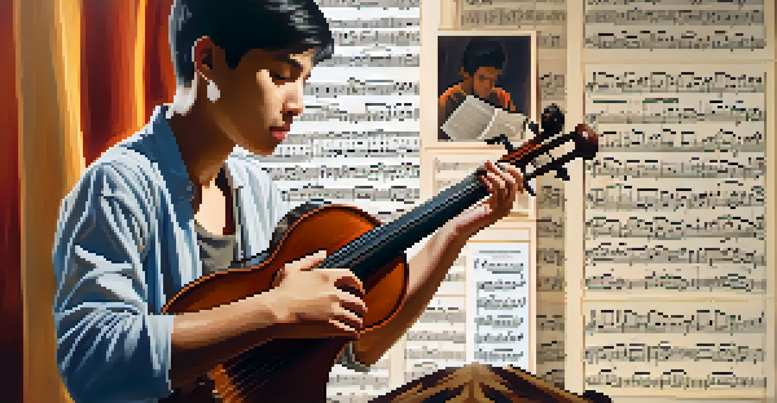A young musician playing a traditional instrument, with warm lighting on their focused face and posters of music genres in the background.