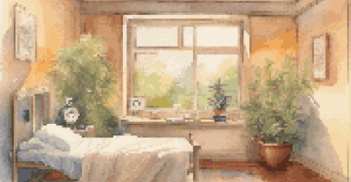 A hospital room with a patient in bed listening to music through headphones, featuring warm lighting and calming artwork on the walls.