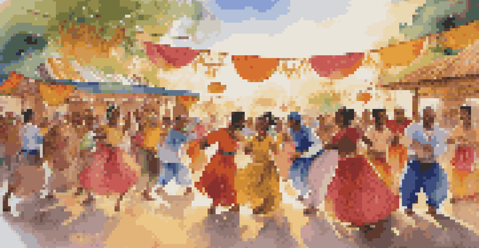 People from diverse cultures dancing together at an outdoor festival, dressed in colorful traditional attire under a sunset.