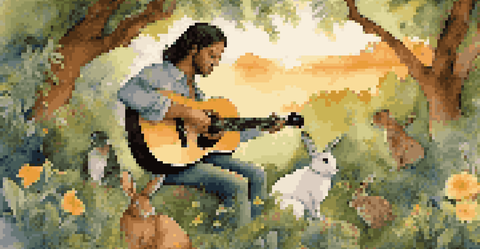 A musician playing guitar in a natural setting, with animals listening nearby during a beautiful sunset.