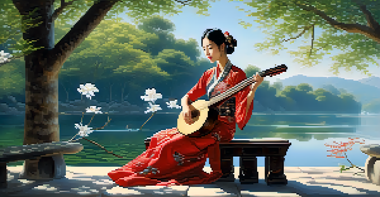 A female musician in traditional dress playing the Pipa outdoors, with sunlight filtering through trees and a peaceful lake in the background.
