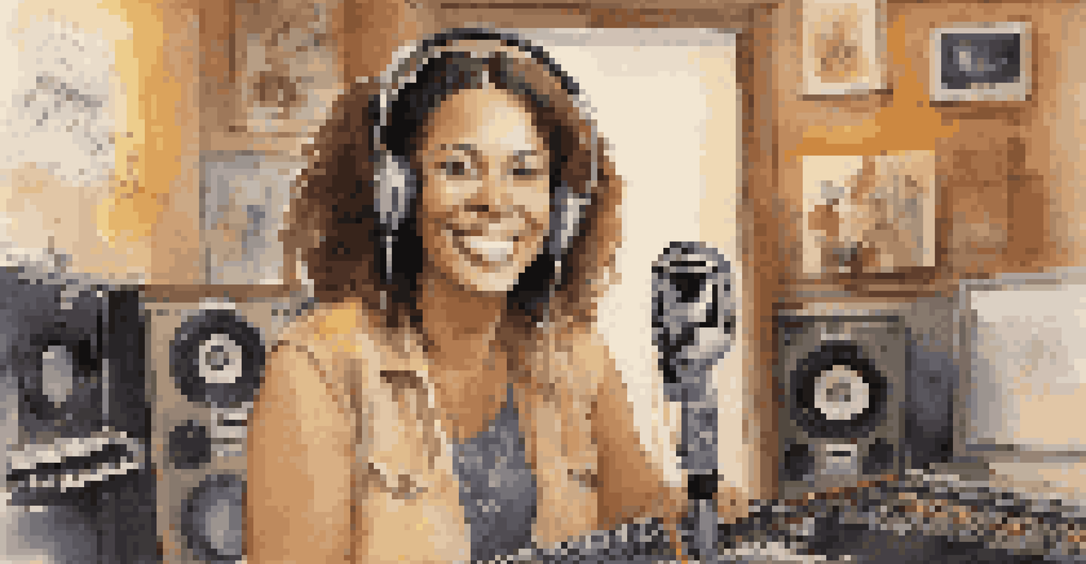 A female artist in a recording studio, smiling and holding a microphone, with musical instruments around her and inspirational quotes on the walls.