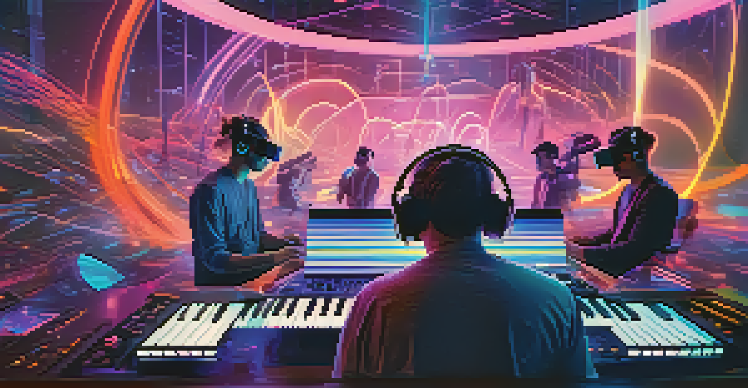 Musicians in a futuristic setting using virtual reality technology to collaborate on music, surrounded by digital effects.