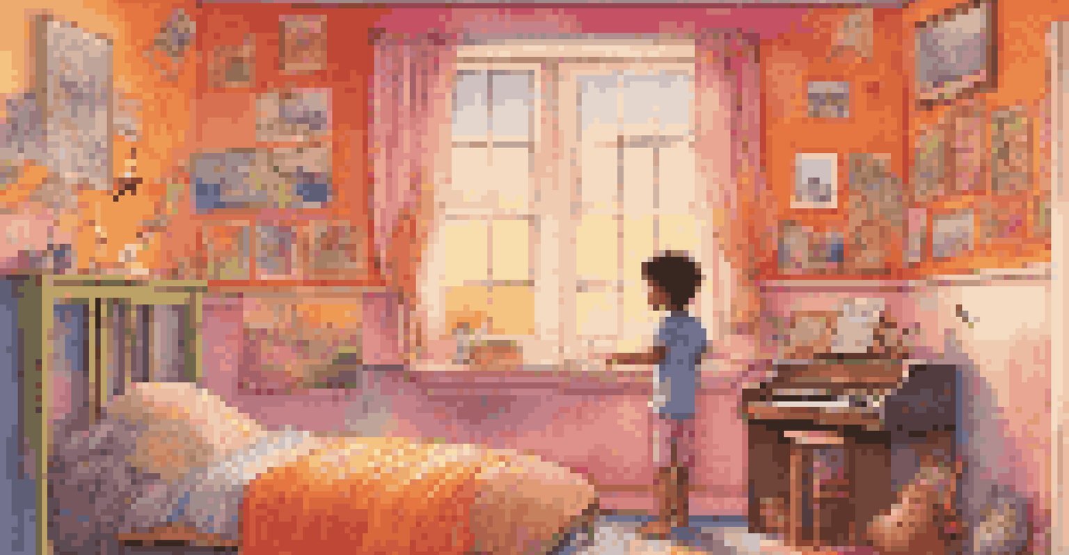 A child composing music in a colorful bedroom, with musical notes in the air and a sunset outside the window.