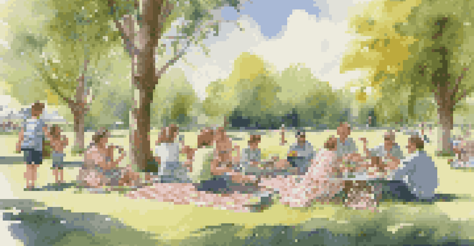 A vibrant picnic scene in a park with a family enjoying their meal on a blanket, children dancing, and a blue sky above.