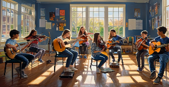 A lively music class with adolescents playing instruments and colorful classroom decorations.