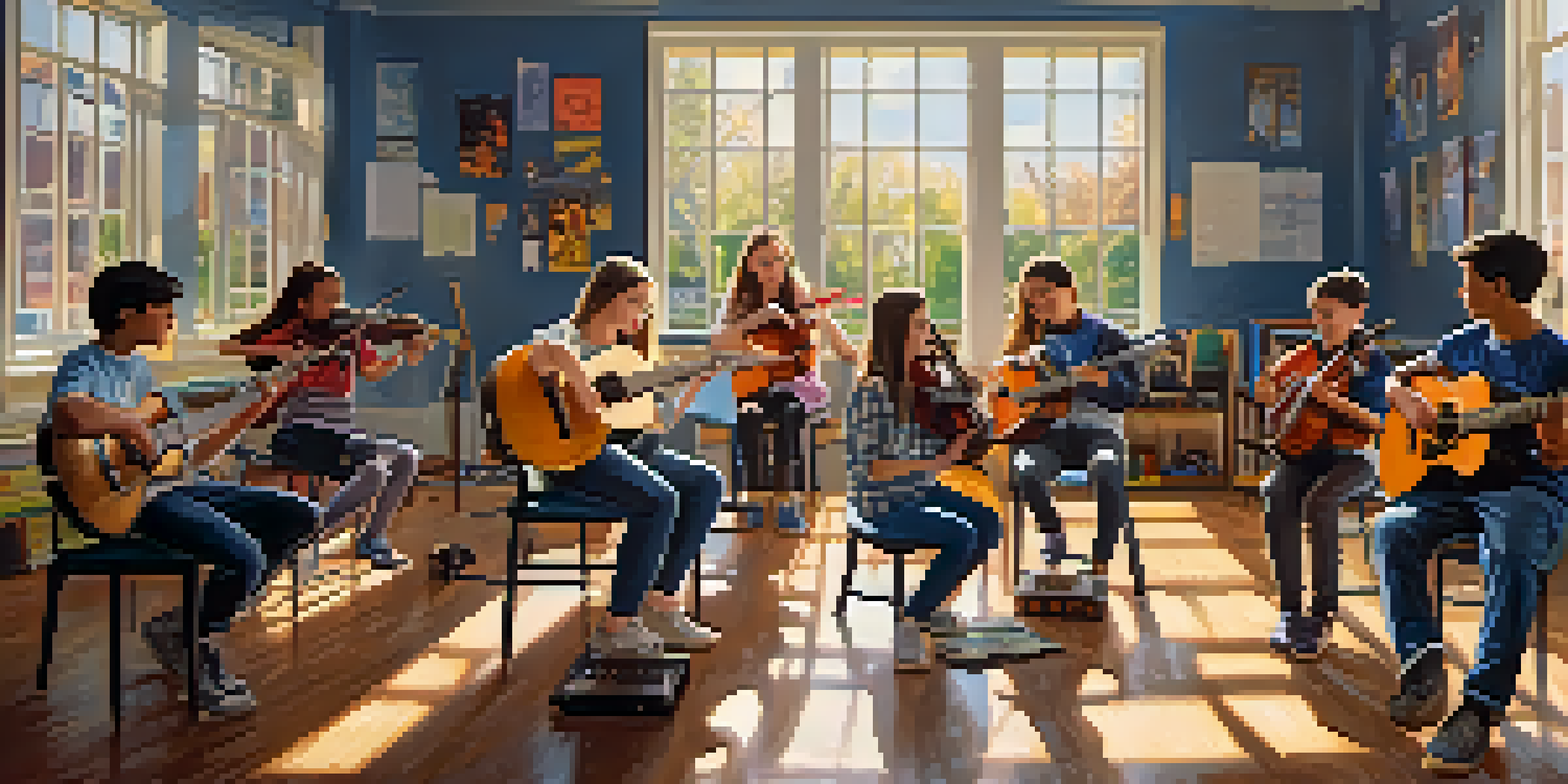 A lively music class with adolescents playing instruments and colorful classroom decorations.