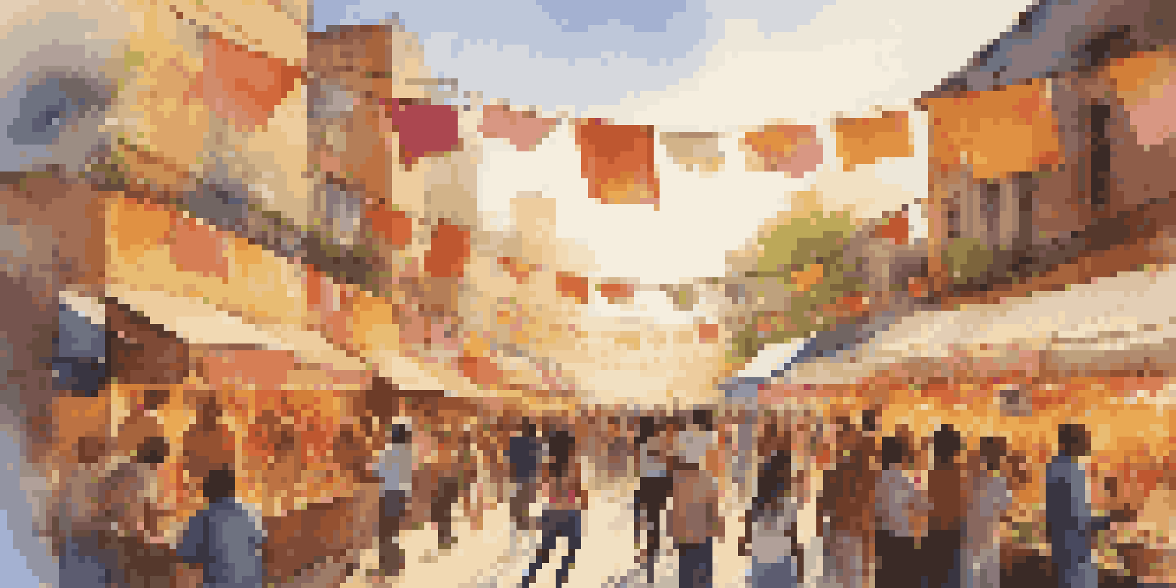 A lively urban festival with people dancing, colorful banners, and food stalls under a warm sunset.