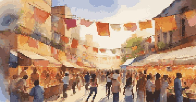 A lively urban festival with people dancing, colorful banners, and food stalls under a warm sunset.