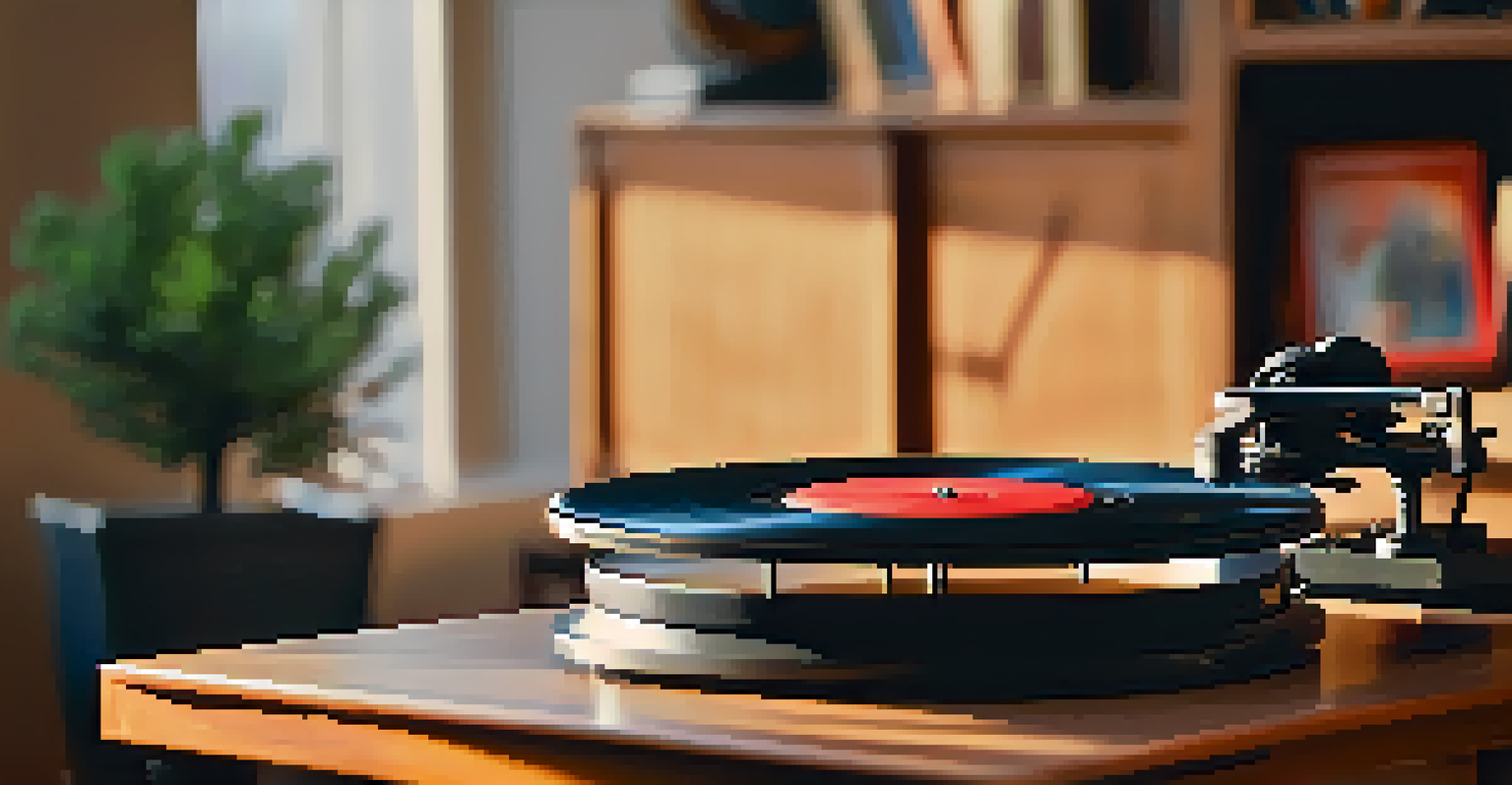 A close-up of a spinning vinyl record on a turntable in a cozy living room, with warm lighting.