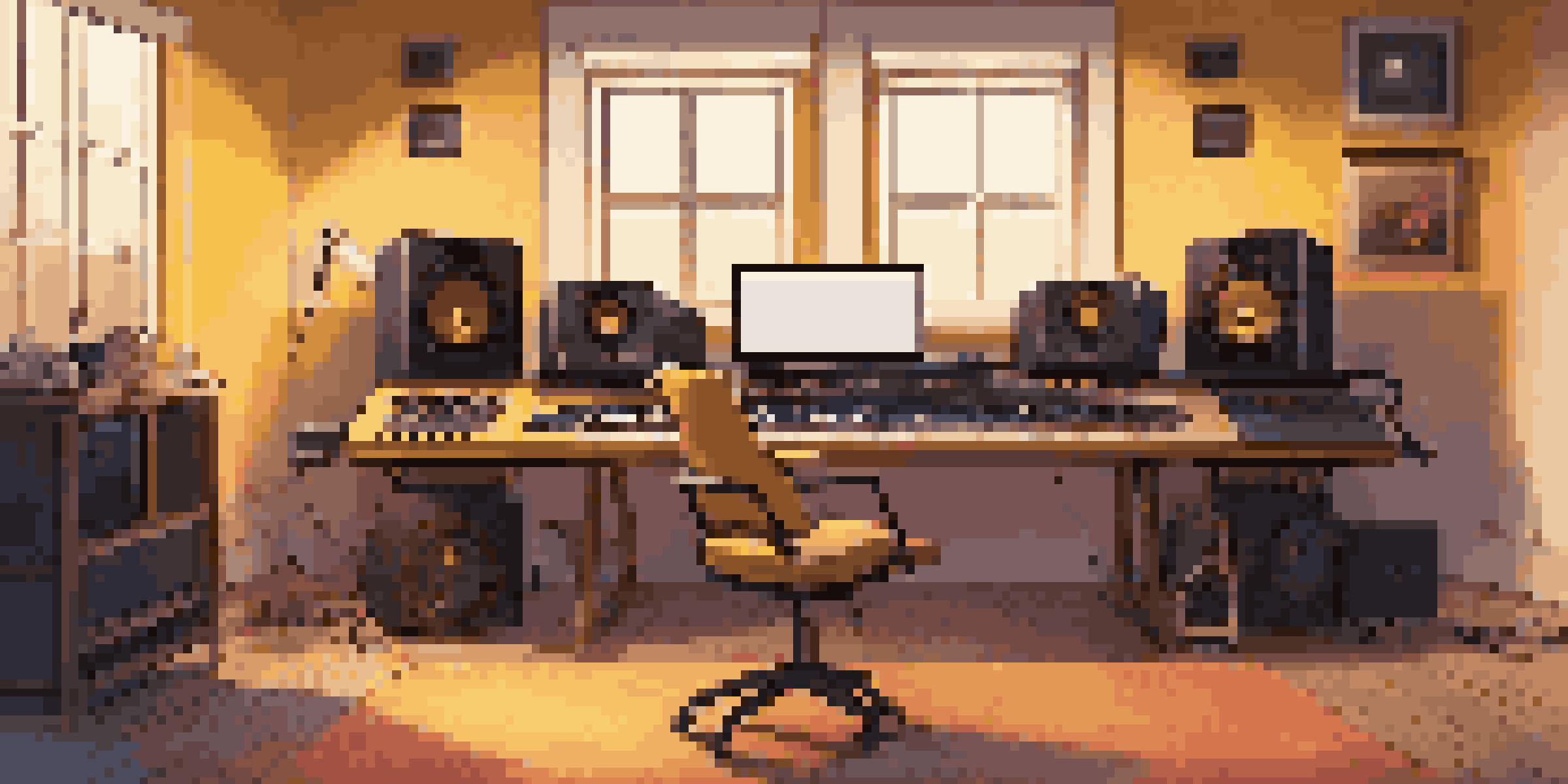 A cozy home studio with a digital audio workstation, musical instruments, and warm lighting.