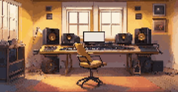 A cozy home studio with a digital audio workstation, musical instruments, and warm lighting.
