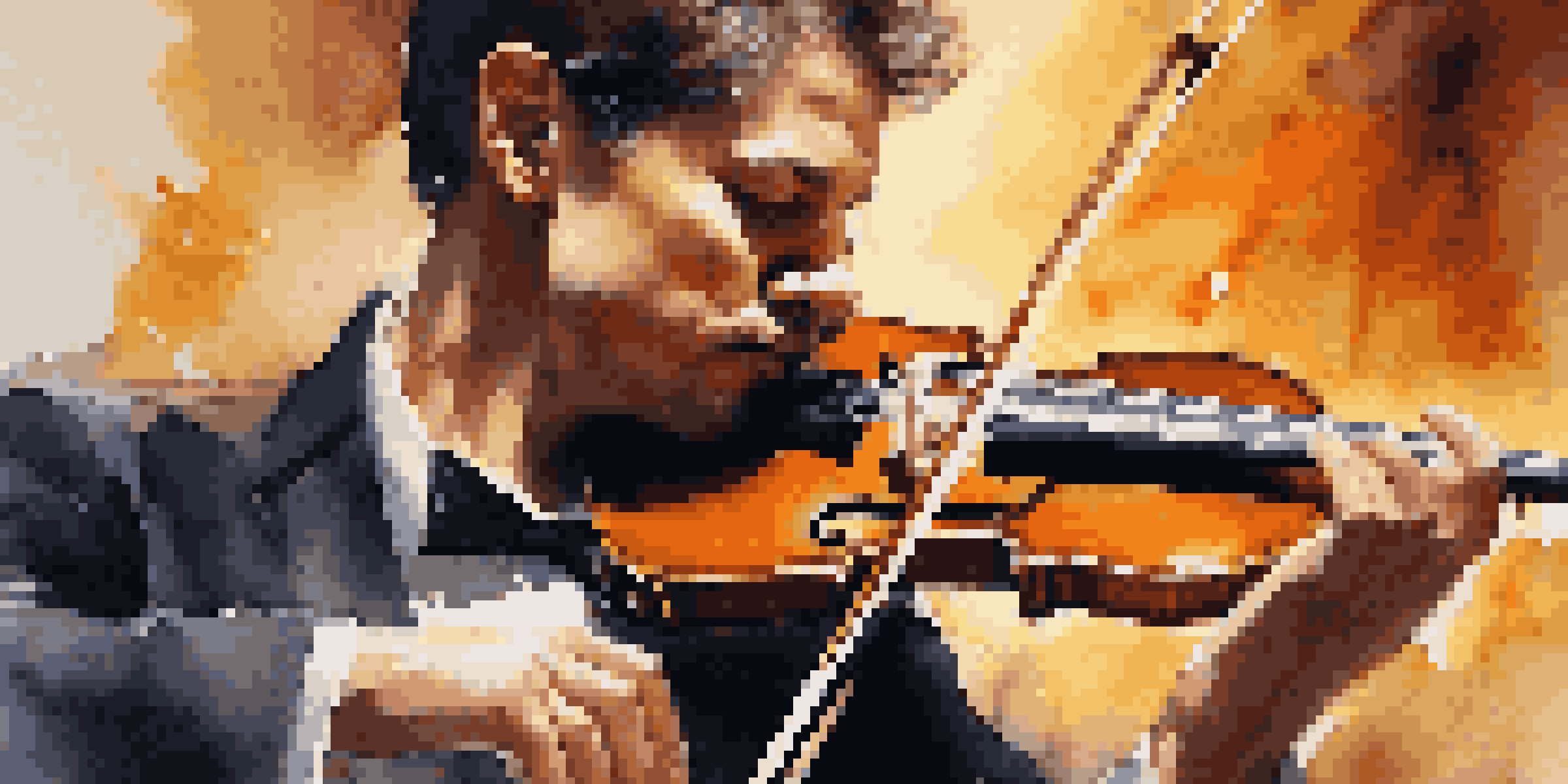 A violinist performing on stage with a focused expression, illuminated by warm lights.