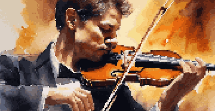 A violinist performing on stage with a focused expression, illuminated by warm lights.