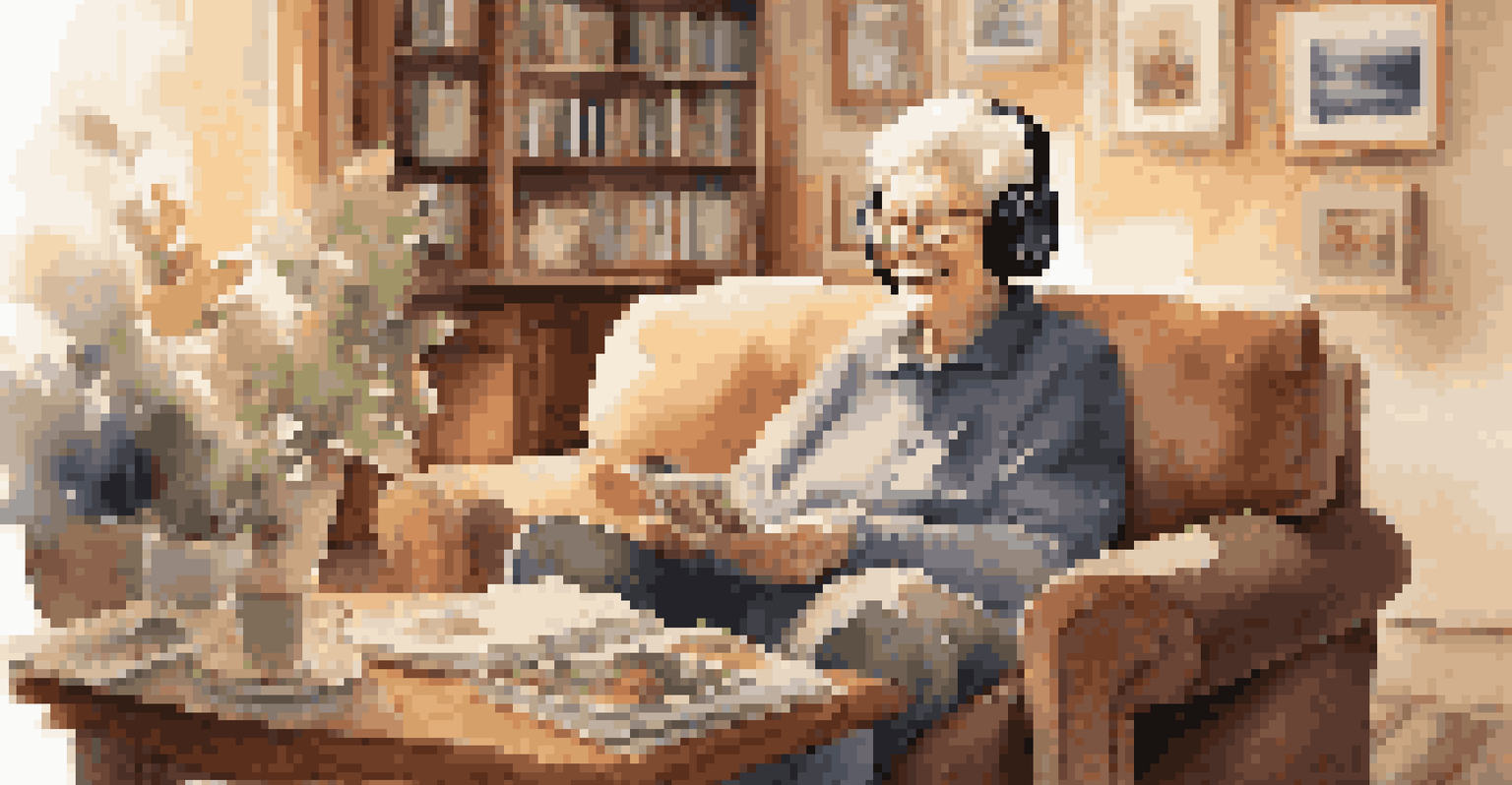 An elderly person enjoying music with a joyful expression, surrounded by family photos in a warm and cozy living room.