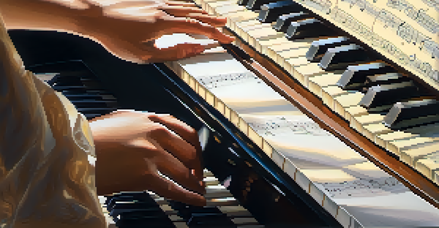 A close-up of hands playing a piano with sheet music and a softly lit room in the background.