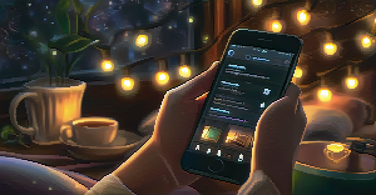 A close-up of a hand choosing music on a smartphone in a cozy setting, with herbal tea and soft fairy lights in the background.