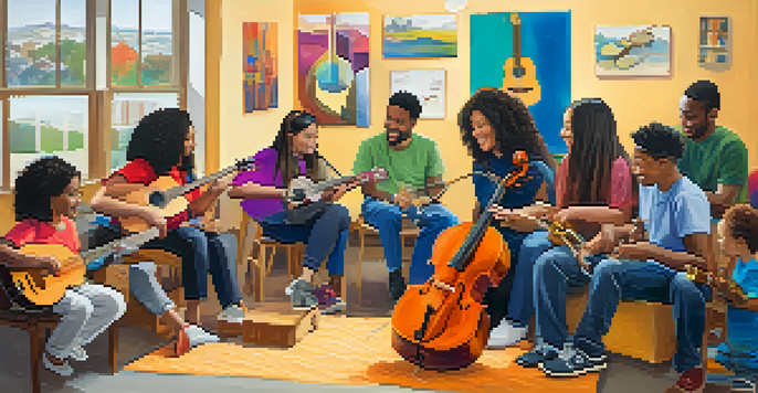 A diverse group of people in a community center participating in a music therapy session, surrounded by musical instruments.
