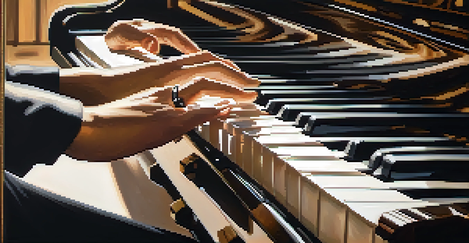 A close-up of a musician's hands skillfully playing piano keys, with warm lighting highlighting the details of the piano and the musician's concentration.