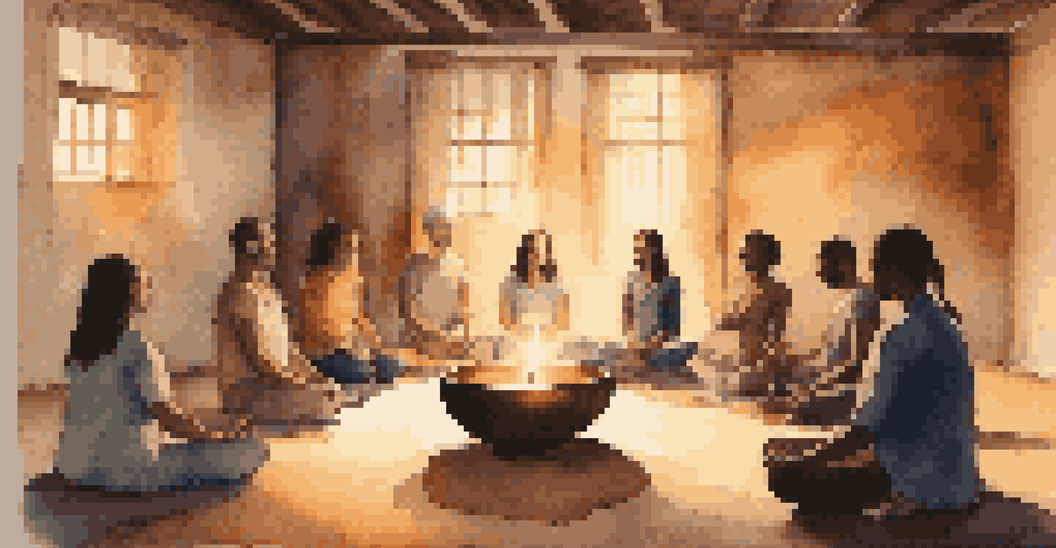 A group meditating in a dimly lit room, with a musician playing a singing bowl, creating a warm and connected atmosphere.