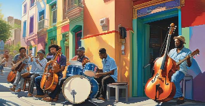 A diverse group of musicians playing together in a colorful street scene, surrounded by murals and instruments.
